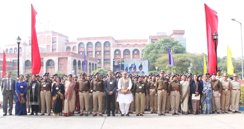 The Union Home Minister, Mr. Rajnath Singh in a group photograph at the 7th National Conference on Women in Police, at CRPF Academy, in Kadarpur, Gurgaon on January 06, 2016.