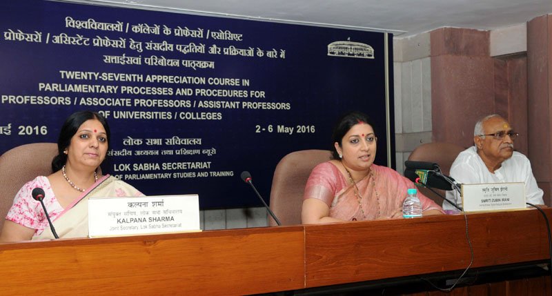 The Union Minister for Human Resource Development, Mrs. Smriti Irani addressing at the inauguration of the 27th Appreciation Course in Parliamentary Processes and Procedures for Professors/Associate Professors/Assistant Professors of Universities/Colleges, organised by the BPST, in New Delhi on May 02, 2016.